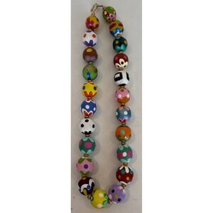Hand-Painted Decorative Wooden Bead Necklace 21" Colorful Whimsical Gold Tone